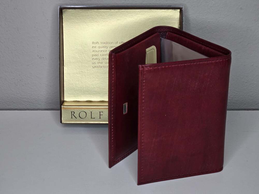 Vintage Rolfs American Classic Burgundy Leather Trifold Wallet with Original Box